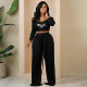 Solid Color Knit Lace-Up Wide Leg Two-Piece Set