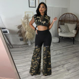Trendy Personalized Camouflage Stitching Elastic Waist Flared Stretch Pants