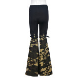 Trendy Personalized Camouflage Stitching Elastic Waist Flared Stretch Pants
