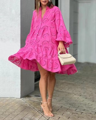 Sexy V-neck Loose Embroidery Hollow Lace Flower Dress