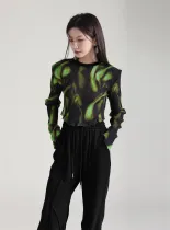 Fashion Smudged Stitching Irregular Mesh Bottom Shirt