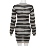 Sexy Hollow Knit Contrast Color Stitching Package Hip Dress