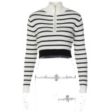 Autumn New Long-sleeved Zipper Half-high Collar Contrast Color Crop Top