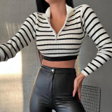 Autumn New Long-sleeved Zipper Half-high Collar Contrast Color Crop Top