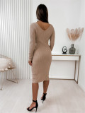 Solid Color Round Neck Long Sleeve Pit Stripe Dress