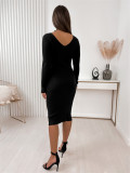 Solid Color Round Neck Long Sleeve Pit Stripe Dress