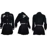 Fashion Threaded Button Pleated Embroidered Baseball Jersey Pleated Skirt Two Piece Set