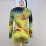 Printed Tight Long-sleeved Bodysuit And Hip Skirt Suit
