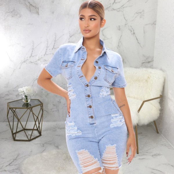 Fashion All-match Casual Ripped Denim Jumpsuit