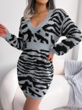 Fashion Tiger Pattern Lantern Sleeve Waist Sweater Dress
