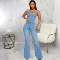 Trendy Printed Denim Stretch Slim Fit Flared Trousers