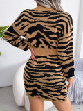 Fashion Tiger Pattern Lantern Sleeve Waist Sweater Dress