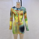 Printed Tight Long-sleeved Bodysuit And Hip Skirt Suit