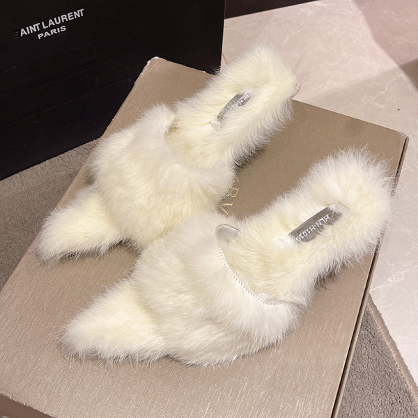 Pointed Toe Stiletto Rabbit Fur Open Toe Fur Slippers