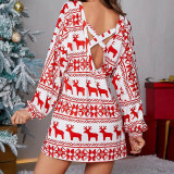 Christmas Fashion Elk Print Backless T-Shirt Dress