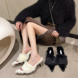Pointed Toe Stiletto Rabbit Fur Open Toe Fur Slippers