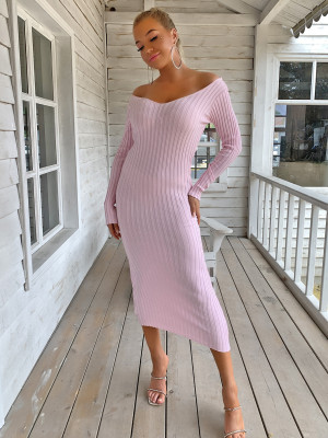 Solid Color Sweater V-neck Knitted Dress