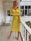 Solid Color Sweater V-neck Knitted Dress