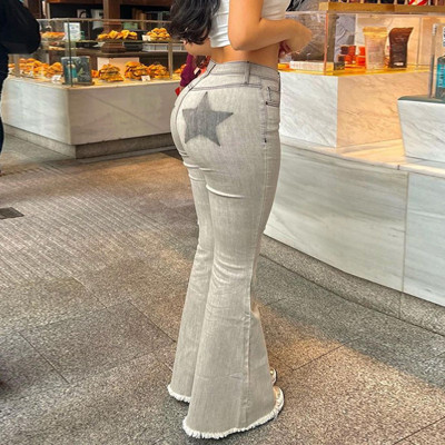 Fashionable High Stretch Star Contrast Flared Jeans