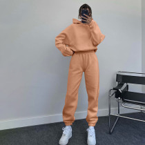Solid Color Hooded Long-sleeved Sweatshirt And Casual Trousers Two-piece Set