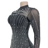 Fashion Long Sleeve Mesh Permed Diamond Dress