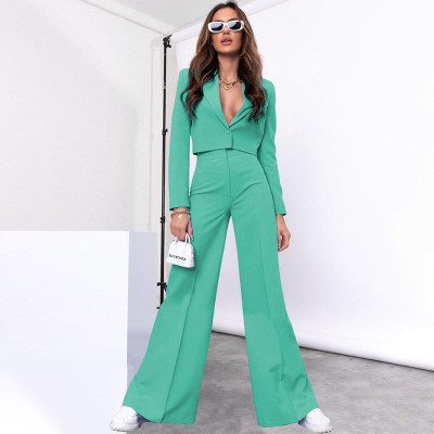 Solid Color Long-sleeved Suit And Fashionable High-waisted Wide-leg Pants Suit