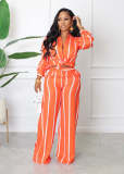 Printed Striped Long-sleeved Shirt, Loose Straight Pants Two-piece Set