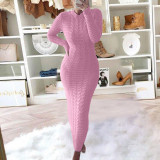 Fashion Solid Color Twist Long Sleeve Woolen Knit Dress