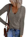 Autumn New Button Solid Color V-neck Long-sleeved T-shirt