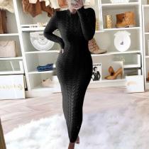 Fashion Solid Color Twist Long Sleeve Woolen Knit Dress
