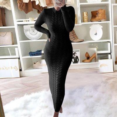 Fashion Solid Color Twist Long Sleeve Woolen Knit Dress