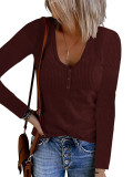 Autumn New Button Solid Color V-neck Long-sleeved T-shirt
