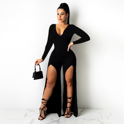 Autumn And Winter V-neck Solid Color Leg Slit Jumpsuit
