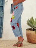 Casual Style Floral Print Trendy Denim Trousers