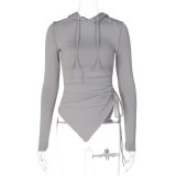 Drawstring Pleated Irregular Fit Hooded Top