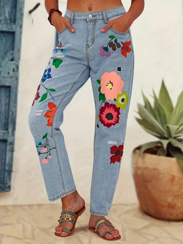 Casual Style Floral Print Trendy Denim Trousers