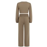 Lace-up Long-sleeved Top And Slim-fit Trousers Two-piece Set