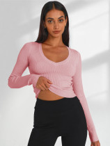 Sexy Hot Girl Solid Color Bottoming Shirt V-neck Long-sleeved Top