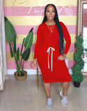 Solid Color High Waist Drawstring Round Neck Long Sleeve Dress