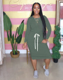 Solid Color High Waist Drawstring Round Neck Long Sleeve Dress