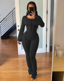 Solid Color Pit Stripe Flared Pants Home Casual Two Piece Set