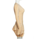 Fashion Bell Sleeve Sexy Low-cut V-neck Slim Bag Hip Dress