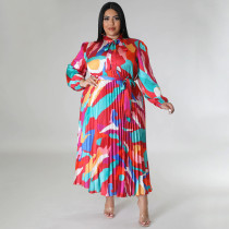 Fashionable Lantern Sleeve Printed Pleated Dress