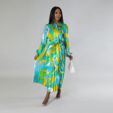 Fashionable Lantern Sleeve Printed Pleated Dress