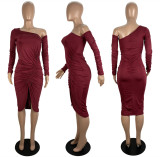 Fashion Sexy Slant Shoulder Ruched Split Dress