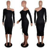 Fashion Sexy Slant Shoulder Ruched Split Dress