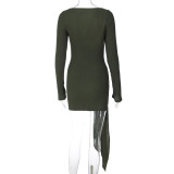 Autumn Fashionable V-neck Ribbon Solid Color Long-sleeved Slim Bag Hip Dress