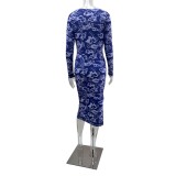 Long-sleeve Printed Elegant High Waist Side Slit Slim Fit Women's Dress