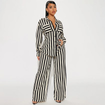 Fashionable Casual Home Striped Button-down Shirt And Trousers Two-piece Set