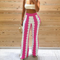 Fashionable Wavy Pattern Color-blocked Knitted High-waisted Wide-leg Casual Pants